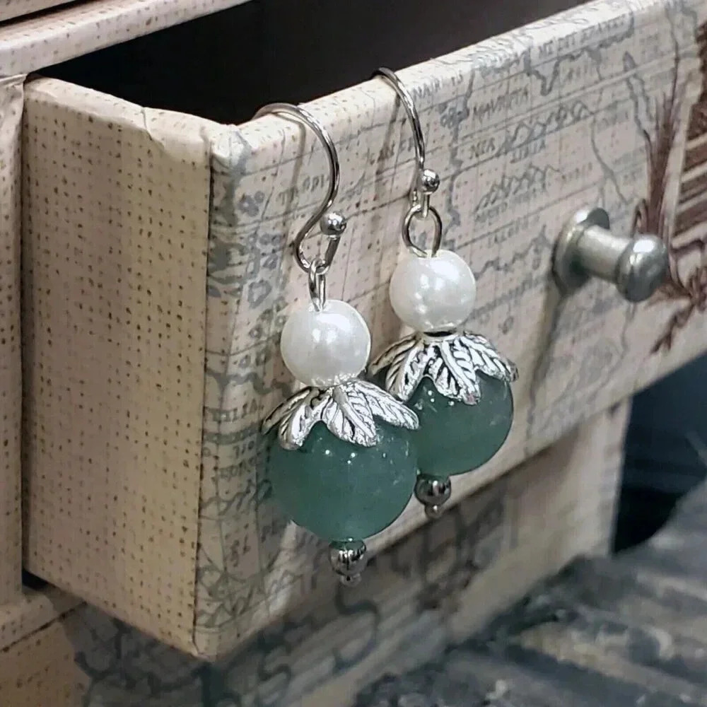 Handcrafted Malaysia Jade Gemstone White Faux Pearl Silver Dangle Earrings - Picture 2 of 9